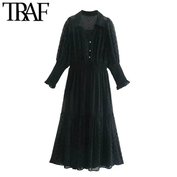 TRAF Ženske Mode Z Gumbi Polka Dot Šifon Midi Vintage Obleko z Dolgimi Rokavi Elastični Pas Ženske Obleke Mujer 91327