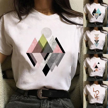 2020 Poletje Ženske T-shirt Geometrijo Natisnjeni Tshirts Priložnostne Vrhovi Tee Harajuku 90. letih Vintage Bela tshirt Ženske Oblačila 92006