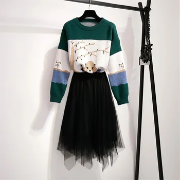 ICHOIX 2020 moda pleteno obleko ženske dolg rokav zimski pulover s očesa črno krilo pade dva kosa postavlja nove obleke korejski 92080
