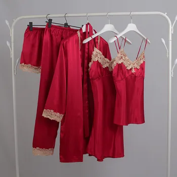 Ženske Seksi 5PCS Pižamo Nastavite Sleepwear Priložnostne Kimono Obleke kopalni plašč Ženski More Spati Nastavite Svilnato More Čipke Trim Homewear