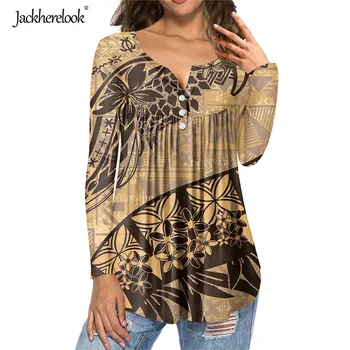 Jackherelook Plus Velikost Majice, Vrhovi Letnik Polinezijski Tatoo Samoa Cvjetnim Tiskanja Ženske Tunika Bluze Z Dolgimi Rokavi, Oblačila Mujer 94435