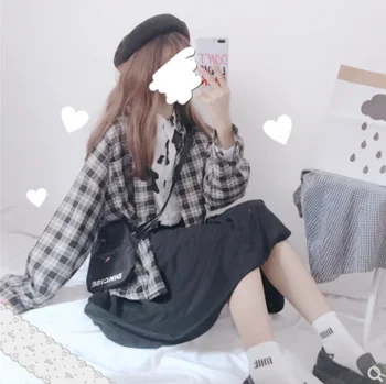Japonski sladko Jeseni lolita Kariran princesa temperament lolita Kolegij slog mehko dekle obleko JK college enotno majica+plašč+krilo