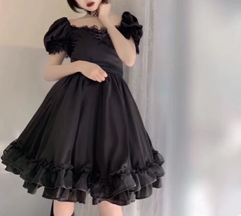 Gothic letnik lolita obleko kvadratnih ovratnik puff rokav kawaii obleko čipke bowknot visoko pasu viktorijanski obleko gothic lolita op loli
