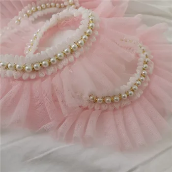 6 cm širok roza bela ruffle čipke s pearl krilo doma lutka obleko ročno izdelane čipke dodatki
