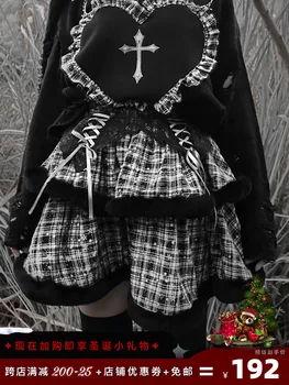 Izvirna Japonska Gotska Temno Črno Žensk Torto Krilo Pozimi Kosmat Obliž Črno Bel kariran Imperij Čipke-up Pasu žogo Obleke Krilo