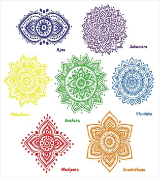 Čakro Rjuhe Kritje Nastavite Zbirka Simboli v Različnih Barvah, z bogato okrašen Krog Mandala Azijskih Tiskanja Posteljnina Nabor Multicolor
