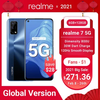 Realme 7 5G Globalni Različici Dimensity 800U Pametni 6GB 128GB 120Hz Zaslonu Mobilnega Telefona 48MP Cam 5000mAh 30W Dart Polnjenje NFC