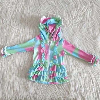 Moda otrok pade dolgimi rokavi jakno dekle Tie-Dye design oblačila baby dekleta srčkan ruffle plašč z zadrgo