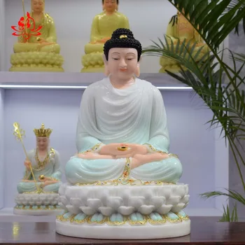 32 CM Velika - visoko-kakovostni Domači Dvorani učinkovita Talisman Maskota Budistični Buda Sakyamuni belega jade gilding Kiparstvo kip