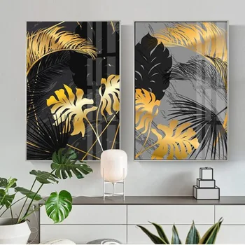 Zlati rastlinskih listov abstraktno sliko diamond slikarstvo sodobno nosorogovo vezenje, mozaik, art, dnevna soba edinstven okras