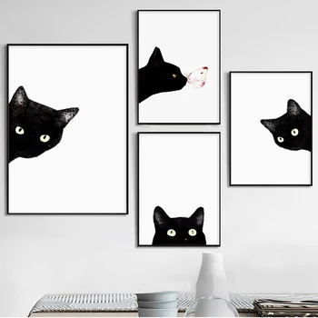 Moderno Črno Bel Peekaboos Mačka Wall Art Platno Plakatov In Fotografij Minimalističen Živali Barvanje Sliko Za Dnevni Sobi Doma Dekor