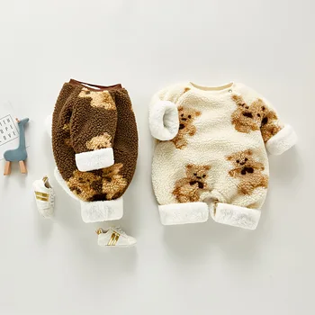 Korejski Debel Toplo Romper za Baby Dekleta Malčke Boys Nosi Vzorec Dodatki Modni Onesie za Zimski Flis Oblačila