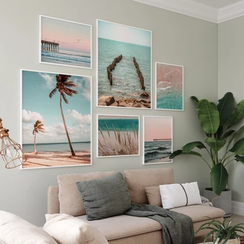 Sodobna Ocean Tiskanja Obalnih Wall Art Plaža Dekor Pastelnih Platno Slikarstvo Sunset Spalnica Dekor Velikih Plakatov in Fotografij Dnevna Soba