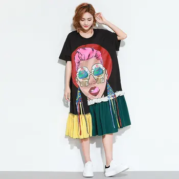 [XITAO] Poletje 2019 Koreja Moda za Ženske Svoboden Draped Mozaik Znak Kratek Rokav O-vratu se Ujemajo z Vsemi Kolena-dolžina Obleko ZQ1220