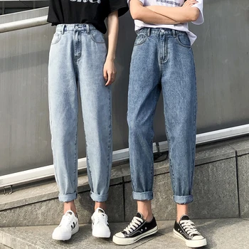 2020 novo visoko pasu kavbojke ženske ulični stil, elastičen pas, jeans, bombaž svoboden premaz stari fant oprati kavbojke plus velikost