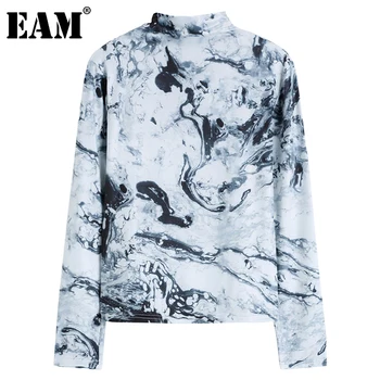 [EAM] Ženske, Modro Vzorec Natisnjene Temperament T-shirt Novo Turtleneck Dolg Rokav Moda Plima Pomlad Jesen 2021 1DD0053