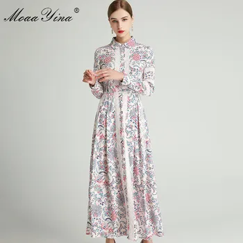 MoaaYina Modni Oblikovalec obleko Pomlad Jesen Žensk Obleko z Dolgimi rokavi Čipke Cvjetnim Natisni Slim Elegantne Obleke