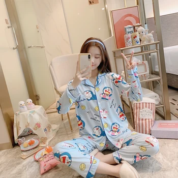 Tonngirls Dekleta Pižame Nastavite Srčkan Pomlad Prosti Čas Sleepwear Za Ženske Risanka Natisnjeni More Homewear Doraemon Obleko Pižame