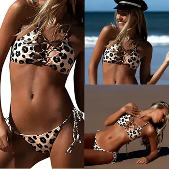 Seksi Žensk Push Up Bikini Komplet Leopard Modrc Oblazinjeni Kopalke Ženske Povoj Kopalke Lady Kopalne Obleke 2019
