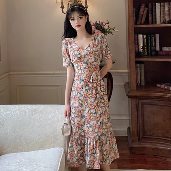 Cvetlični dolgo ženske šifon vintage obleko poletje 2020 vzletno-pristajalne steze eleganten stranka obleko bohemian tropskih korejski retro počitnice obleko