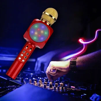 Karaoke Mikrofon, Prenosni Brezžični Bluetooth Zvočnik Vgrajen LED Osvetlitev, FM Radio Ročni Žareče Karaoke Mic Otroci Glasbena Igrača