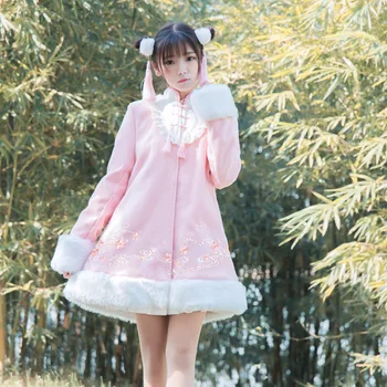 Kitajski slog han element jeseni, pozimi sweet lolita plašč češnje cvetovi žaba boeknot stojalo študent suknji kawaii dekle plašč