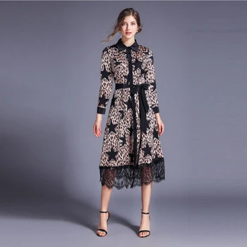 Banulin Jeseni, Pozimi Ženske Retro Dolg Rokav Čipke Mozaik Dolgo Obleko 2019 Fashion Star Leopard Tiskanja Slim Midi Shirt Obleko