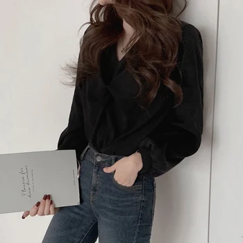 Korejski Moda Za Ženske Črna/Modra Bluzo Jeseni Proti-Vrat Majice Z Dolgimi Rokavi Ženske Letnik Svoboden Twist Vrhovi Priložnostne Novo 2020