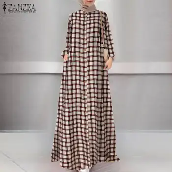 Modna Ženska Muslimanskih Dubaj Maxi Obleko ZANZEA Jeseni Dolg Rokav Kariran Preverite Dolgo Sundress Plus Velikost oblačila Hidžab Obleke Haljo tam kaftan