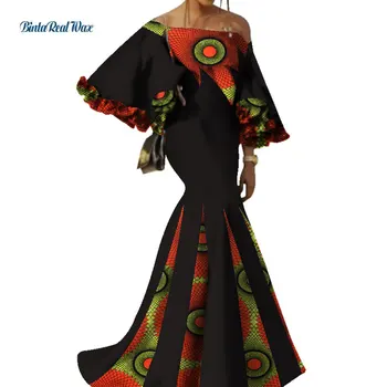 2021 Bazin Riche Afriške Ženske Oblačila Seksi Mozaik Cvet Rokav, Dolge Obleke Stranka Vestidos Afriške Tiskanja Obleke WY3441