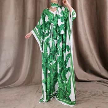 Plus Velikost Jeseni Nove Ženske Priložnostne Stranka Darkice Zelenih Listov Tiskanje Vrvico Pasu Chic Vintage Bohemian Svoboden Dolgo Obleko