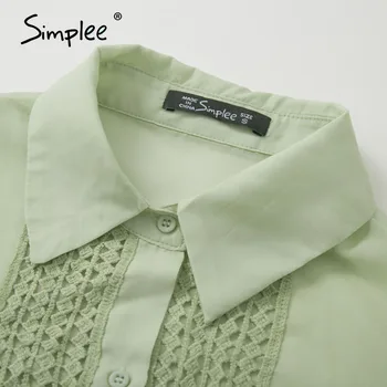 Simplee Elegantno trdna čipke delo žensk bluzo Priložnostne šifon dolgo puff sleeve majica Pomlad jesen fashion river gumb bluzo
