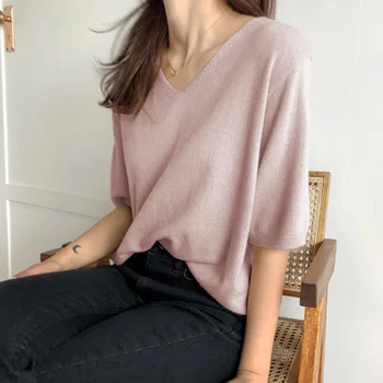 Ženski pleteni pulover Proti-vrat pet-točka rokav T-shirt barva majica