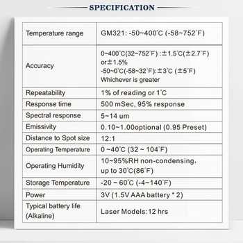 -50~400℃ GM321 Infrardeči Termometer brezkontaktno IR Laser Pyrometer Temperature, Termometer LCD-Zaslon
