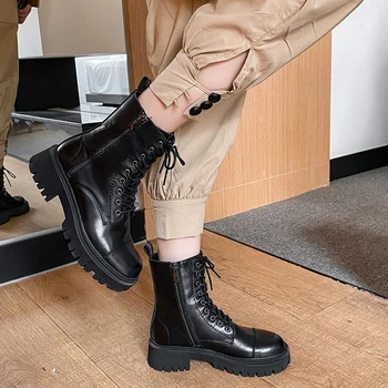 Donna-v Jeseni, Pozimi Moda Martin Škornji Ženske Pravega Usnja Britanski Stil Čipke-up Strani Zadrgo Platformo Črni Škornji