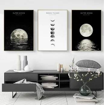 Nordijska Luna Platno Fotografij, Plakati, Črno in Belo Minimalističen Wall Art Platno, Slike, Slike za Dnevna Soba Dekoracijo Doma
