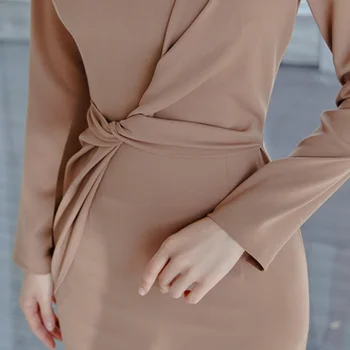 Moda Kaki Elegantna Urad Obleko 2020 Pomlad Temperament Visoko Pasu Slim Preprost Pletene Okrasne Žensk Stranka Obleko