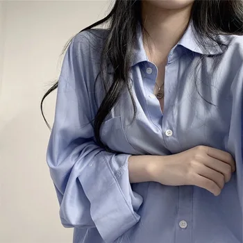 Koreja Obleka ELEGANTNA River Sredi Dolge Preveliko Majico modro beli Retro 2020 Ženska River Dolg rokav Svoboden Bluzo Priložnostne Vrhovi Blousas