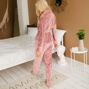 Trdna Pyjama Za Ženske z Dolgimi Rokavi Kimono Vrhovi Žamet Doma Obleko Nastavite s Pižamo