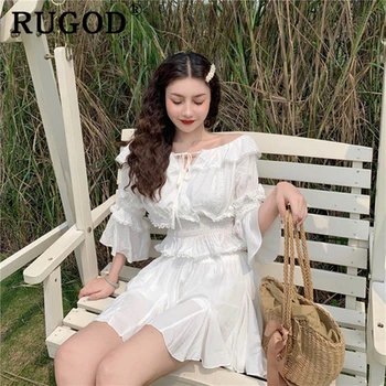 RUGOD Elegantno Off Ramenski Ženske Bluzo Tunika Naguban Flare Rokavi korejski Dame Majice Poletje Moda Ruffles Slim Vrhovi 2020