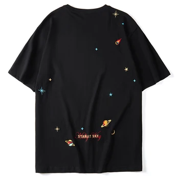 2020 Moških Hip Hop T Shirt Harajuku Vezenje Planet Prostora T-Shirt Ulične HipHop Zvezdnatim Nebom Tshirt Poletje Vrhovi Tees Bombaž