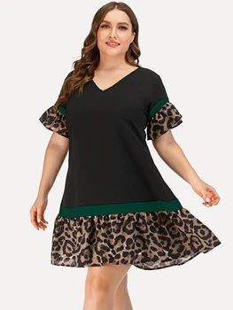 Amtivaya Plus Velikost V-Neck Leopard Šivanje Obleko 2020 Poletje Ženska Modnih ženskih Oblačil kolen Dolžino Krila Eleganten Stranka