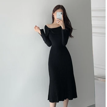 2020 Nove Jesensko Ženske Korejski Pletene Obleke, Elegantne Nežen Visoko Pasu Slim Barva Naguban Ženski Urad Dama
