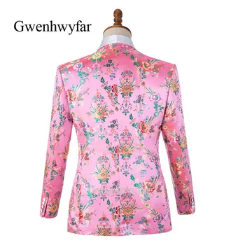 Gwenhwyfar Pisane Begonia Cvet Natisnjeni Moške Obleke, Roza Tuxedos Šal River Dvojno Zapenjanje Moške Poročne Barve (Suknjič+Hlače)