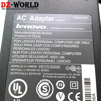 20V 6.75 A 135W Originalni napajalnik AC Polnilnik Prenosni računalnik Napajanje Lenovo ThinkPad T520 T520i T530 W520 W530 2P 45N0058 45N0055