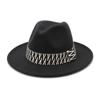 Fedora klobuki ženske moški prostem jazz kapice, široko roba barva z band fascinator jeseni črno belo letnik, zimski klobuki ženske