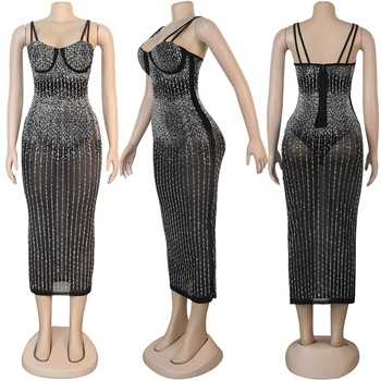 Moda za Ženske Okrasnih Povoj Obleko Špageti Trak, Vroče Vrtanje Backless Suh Bodycon Mid-Tele Večer Stranka Obleko S-XL