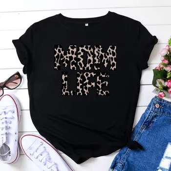 Leopard Mama Življenje Črke Natisni T-Shirt Poletje Ženske Neon Kratek Rokav Mati Obleka Lady Tees Femme Ulzzang Letnik Tee Vrhovi