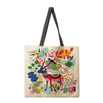 Nordijska ročno poslikano natisnjeni tote vrečko perilo tkanine, priložnostne tote vrečko zložljive nakupovalno vrečko za večkratno uporabo plaže vrečko damo torba