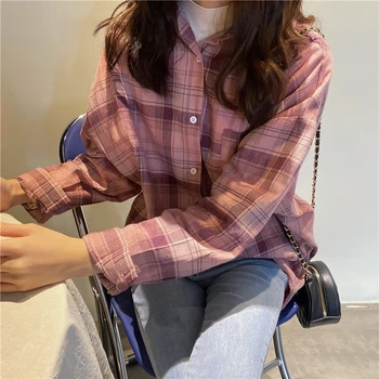 Priložnostne Svoboden Kariran Shirt Ženski korejski Harajuku Lepe Ženske Majice Ulzzang Japonski Kawaii Ženske Vintage Oblačila Za Ženske